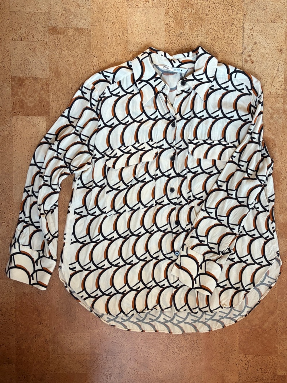 Lightweight Flowy Print Button-Up Blouse — Cream, Black & Burnt Orange